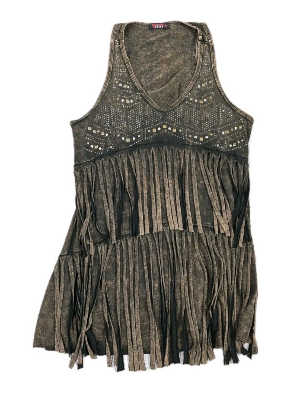 T-Party Rhinestone Fringe Tank Top Sz L Brown Acid Wash Tiered Western Festival